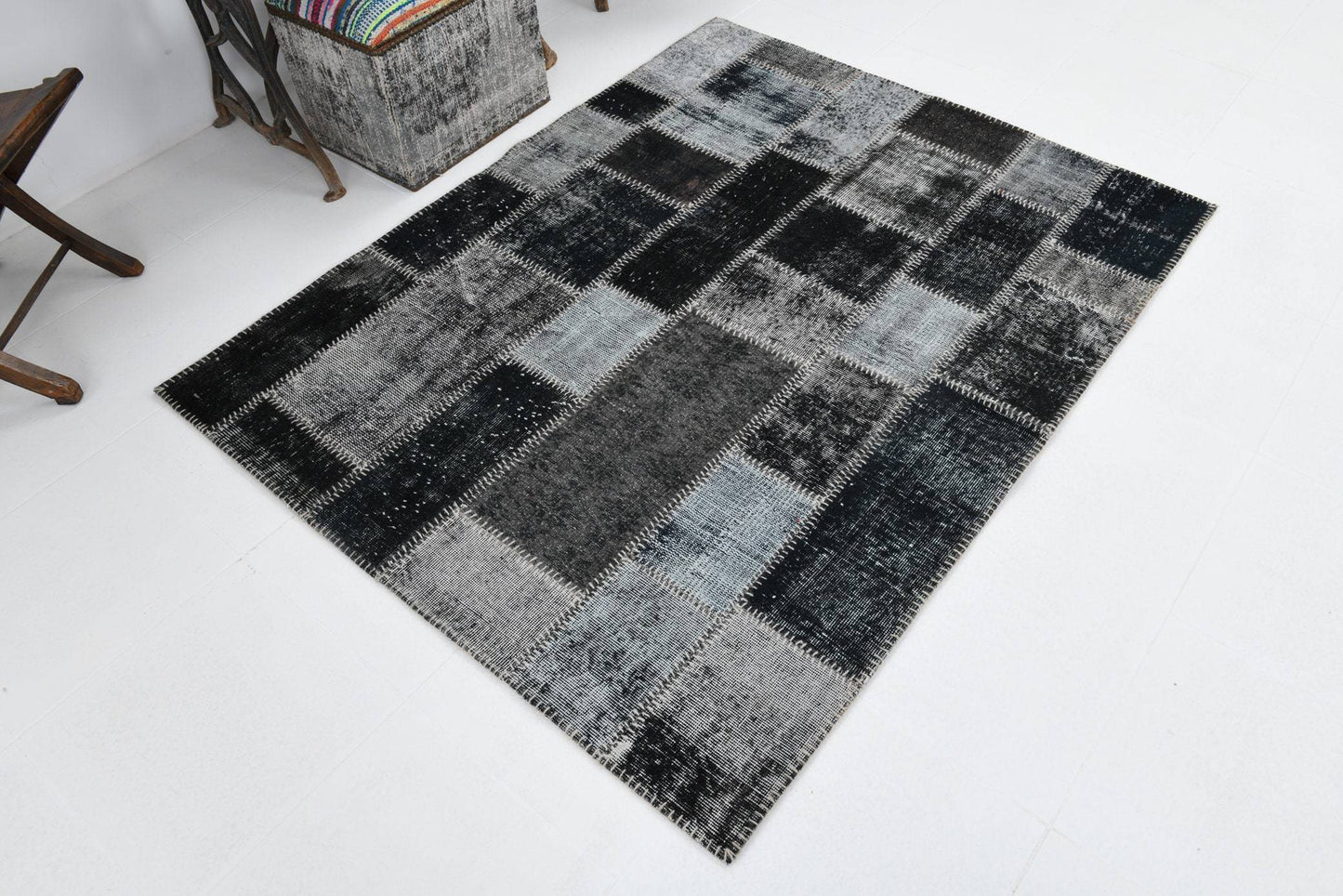 4' x 5' Black-Gray Turkish Vintage Patchwork Rug  |  RugReform